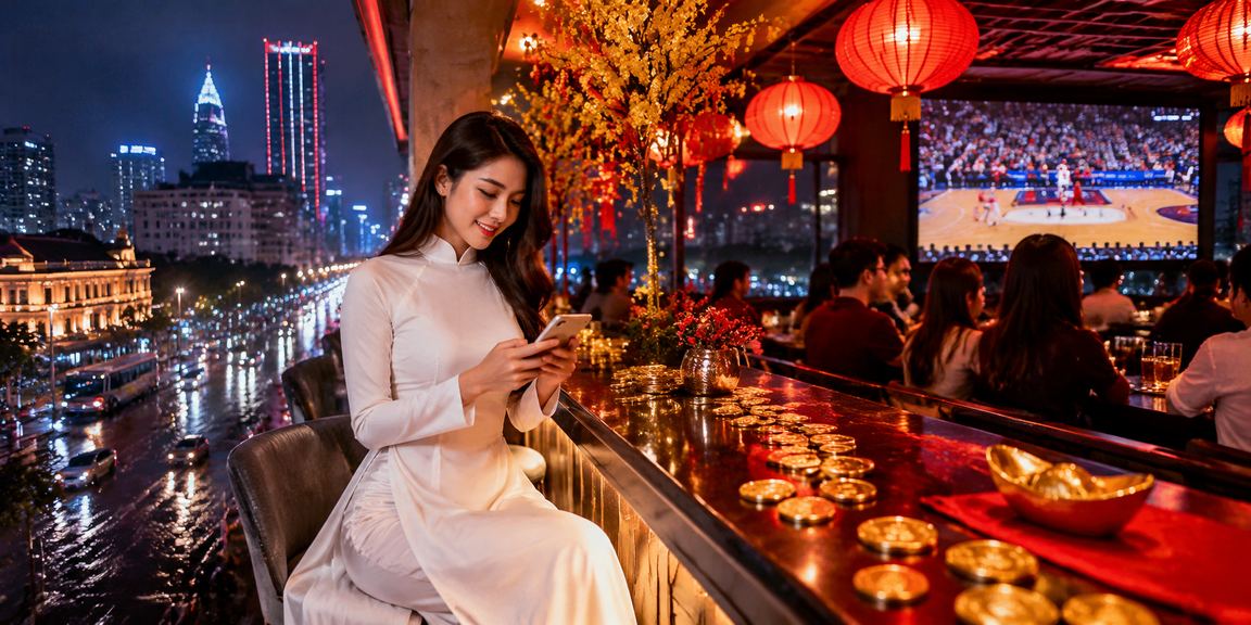 Người chơi Việt Nam mặc áo dài theo dõi kèo bóng rổ tại TP.HCM qua điện thoại