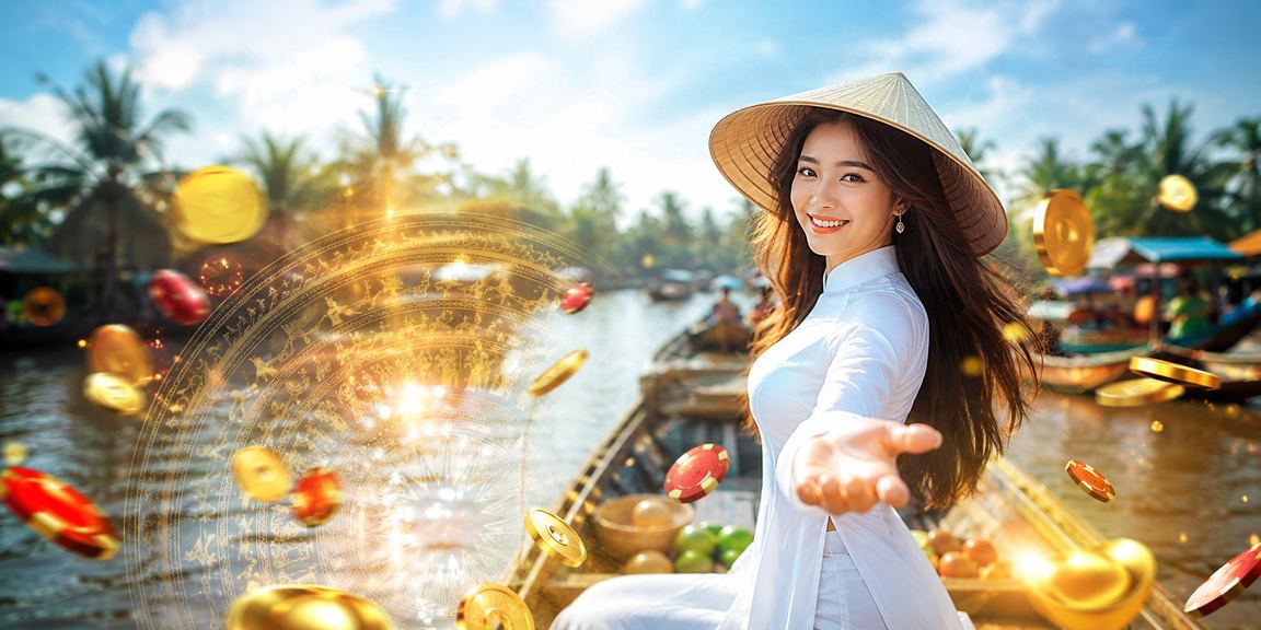 Không gian giải trí casino trên sông Mekong với người chơi mặc áo dài truyền thống Việt Nam